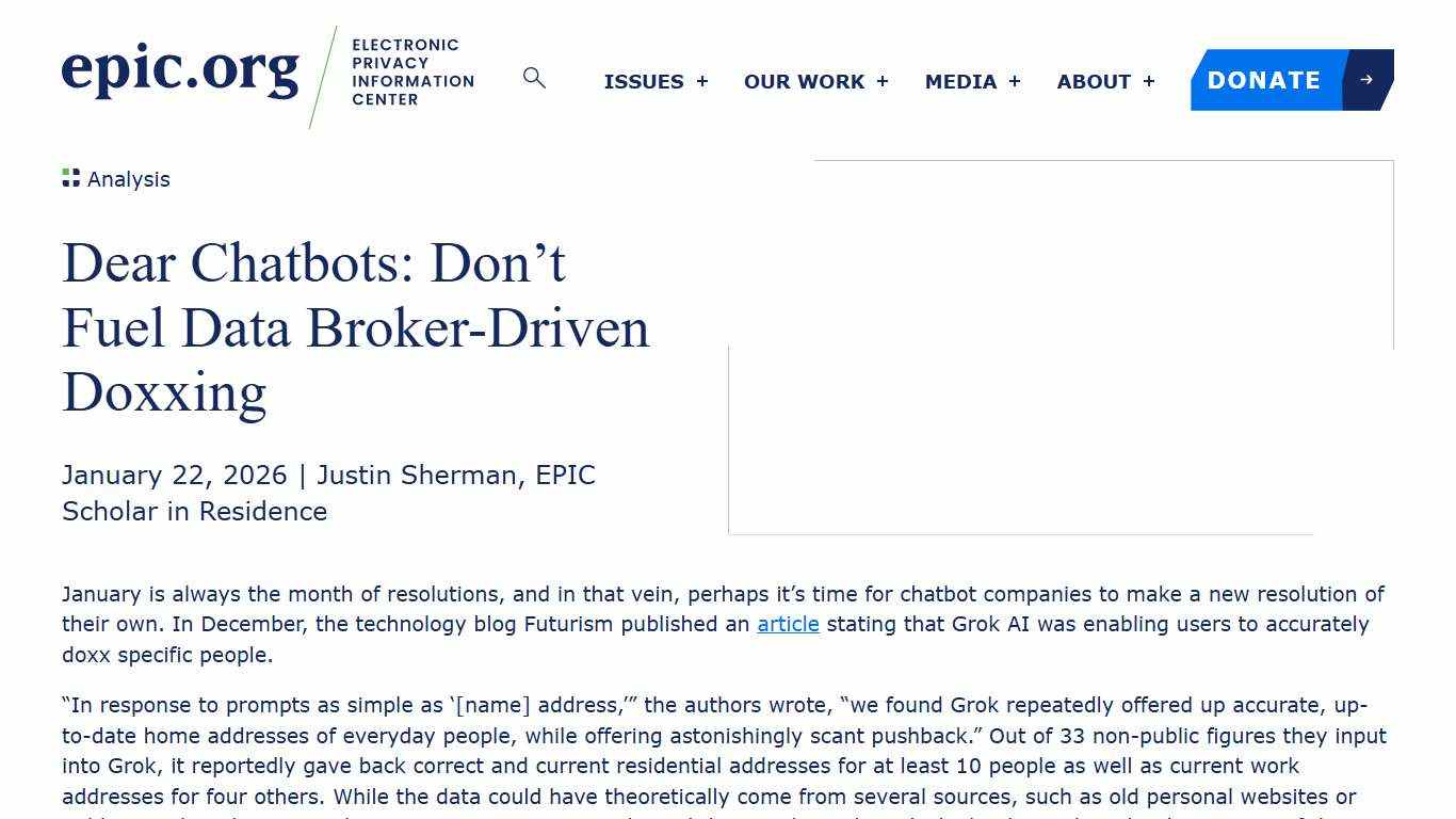 Dear Chatbots: Don’t Fuel Data Broker-Driven Doxxing – EPIC – Electronic Privacy Information Center